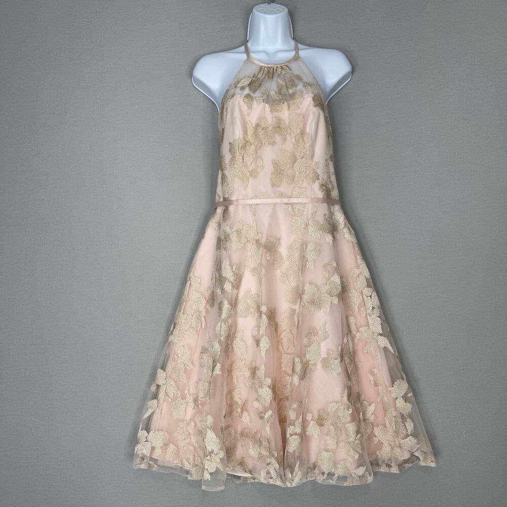 Oleg Cassini Women Dress 8 Petal Pink Embroidered Halter Formal Evening Romantic